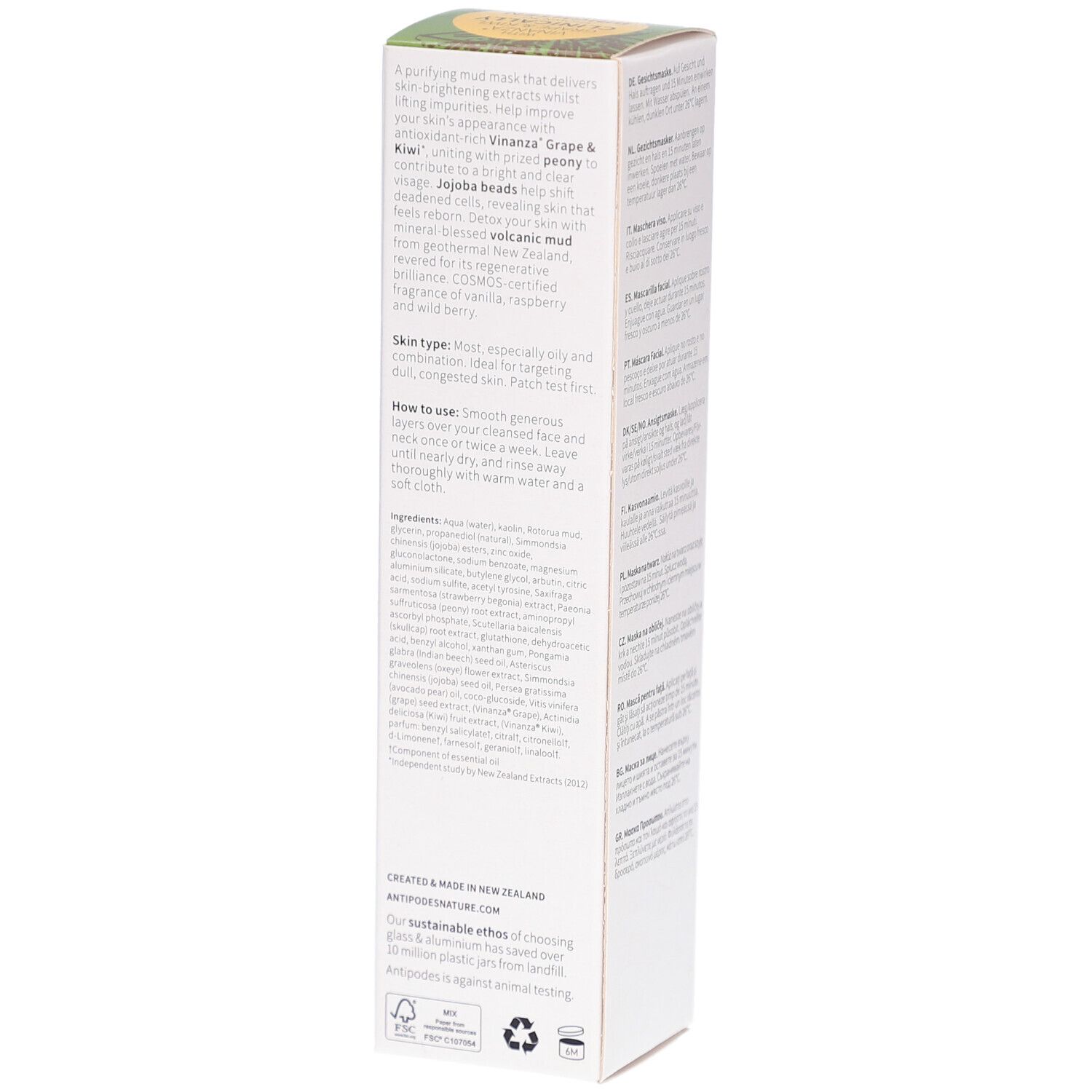 Côté de la boîte verte avec description du produit et ingrédients. Texte en anglais. Contient des informations sur l'utilisation.