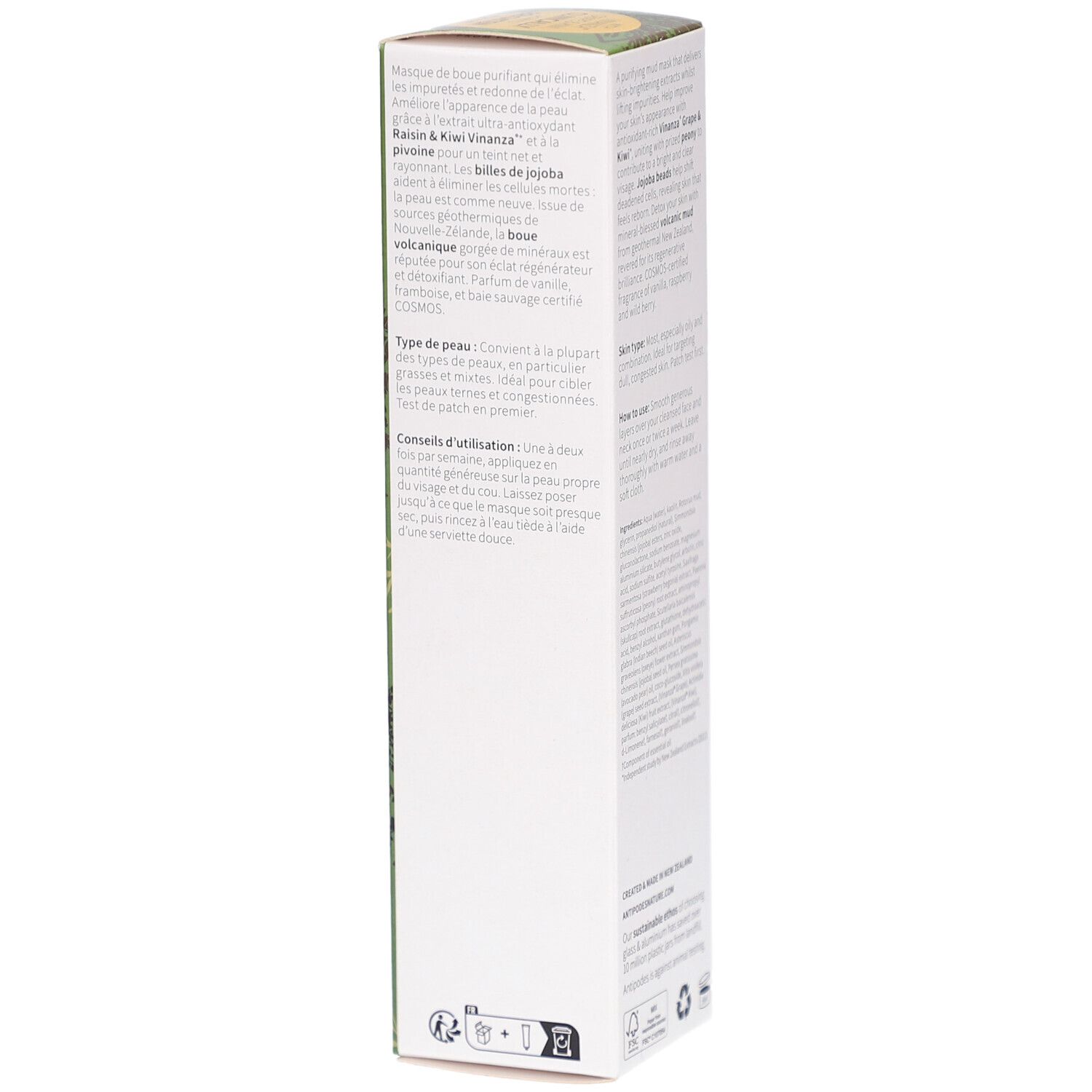 Côté de la boîte verte avec description du produit et ingrédients. Texte en français. Contient des informations sur l'utilisation.