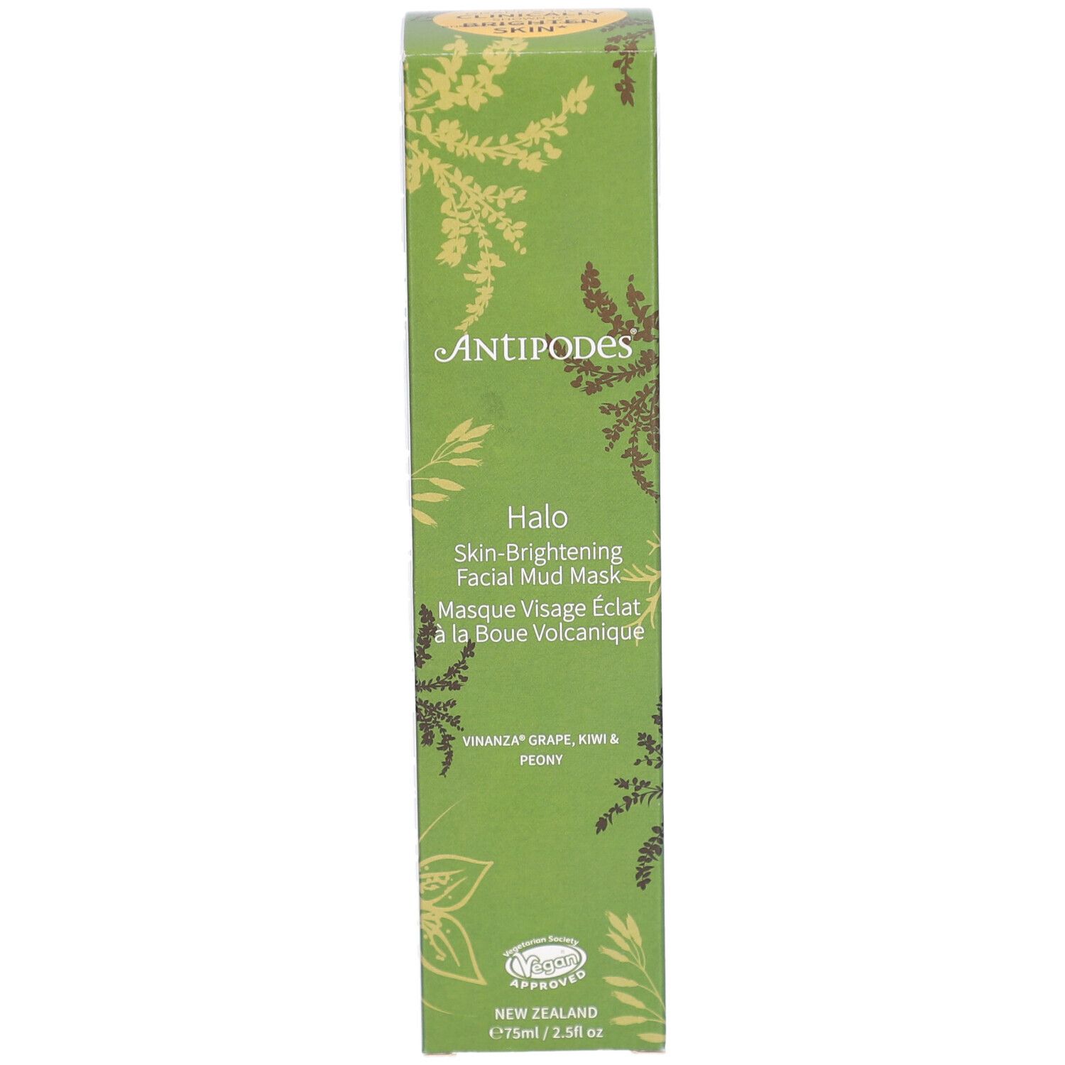 Boîte verte avec informations produit. Inscription: ANTIPODES, Halo Skin-Brightening Facial Mud Mask. Ingrédients: Vinanza Grape, Kiwi & Peony.