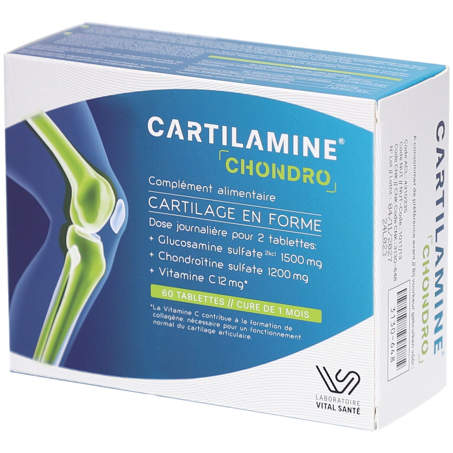 Boîte CARTILAMINE CHONDRO, complément alimentaire. 60 comprimés. Illustration d'un genou. Laboratoire Vital Santé.