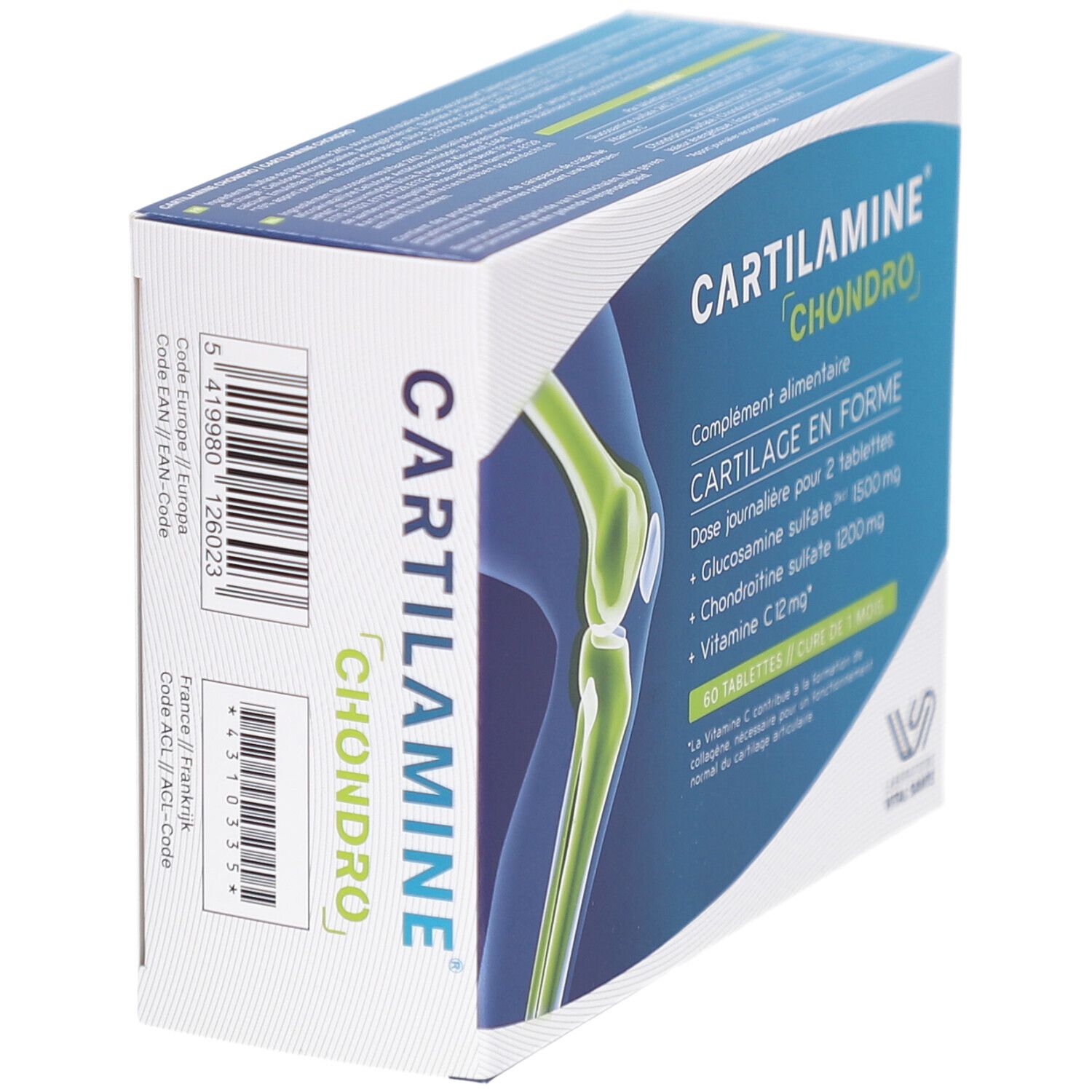 Boîte CARTILAMINE CHONDRO, complément alimentaire. Code-barres et informations produit. Laboratoire Vital Santé.