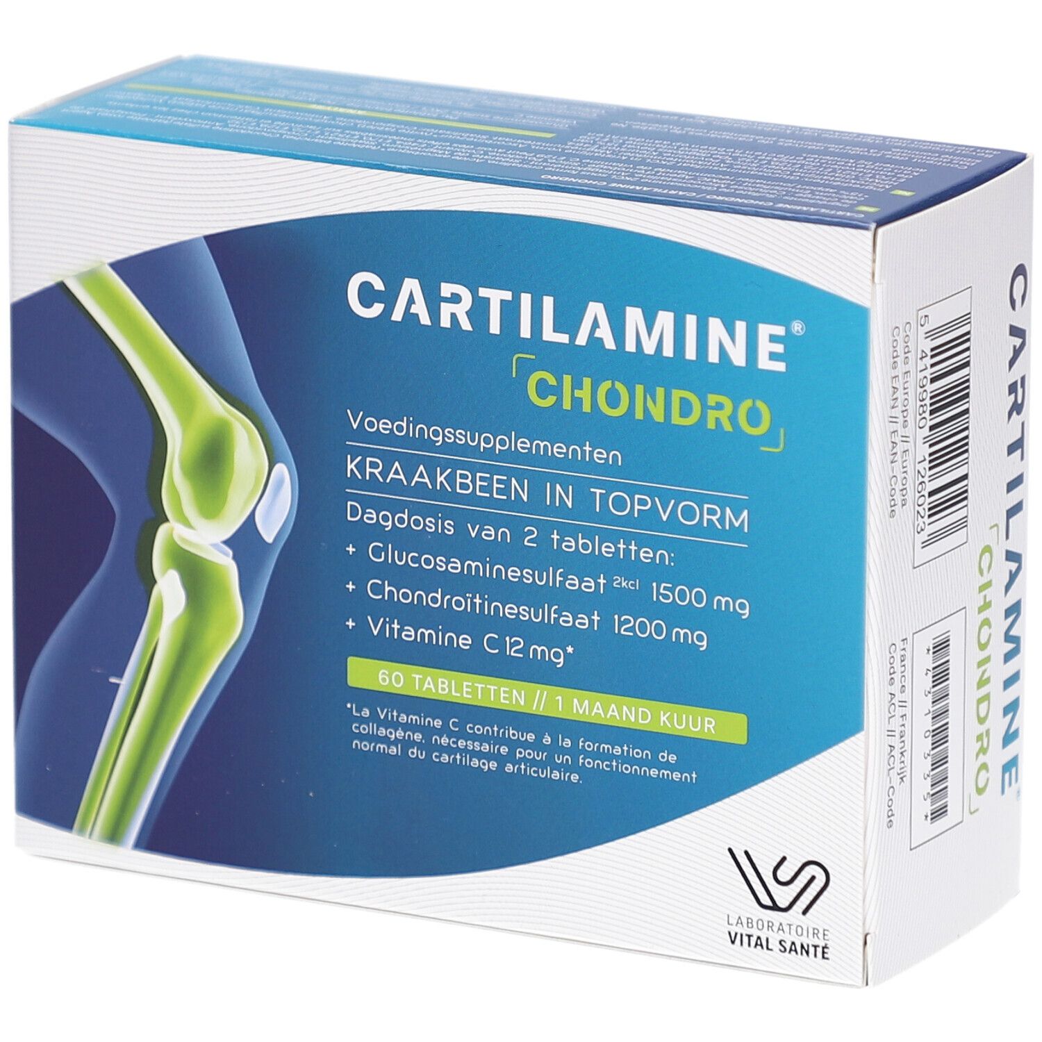 Boîte CARTILAMINE CHONDRO, complément alimentaire. 60 comprimés. Illustration d'un genou. Laboratoire Vital Santé.