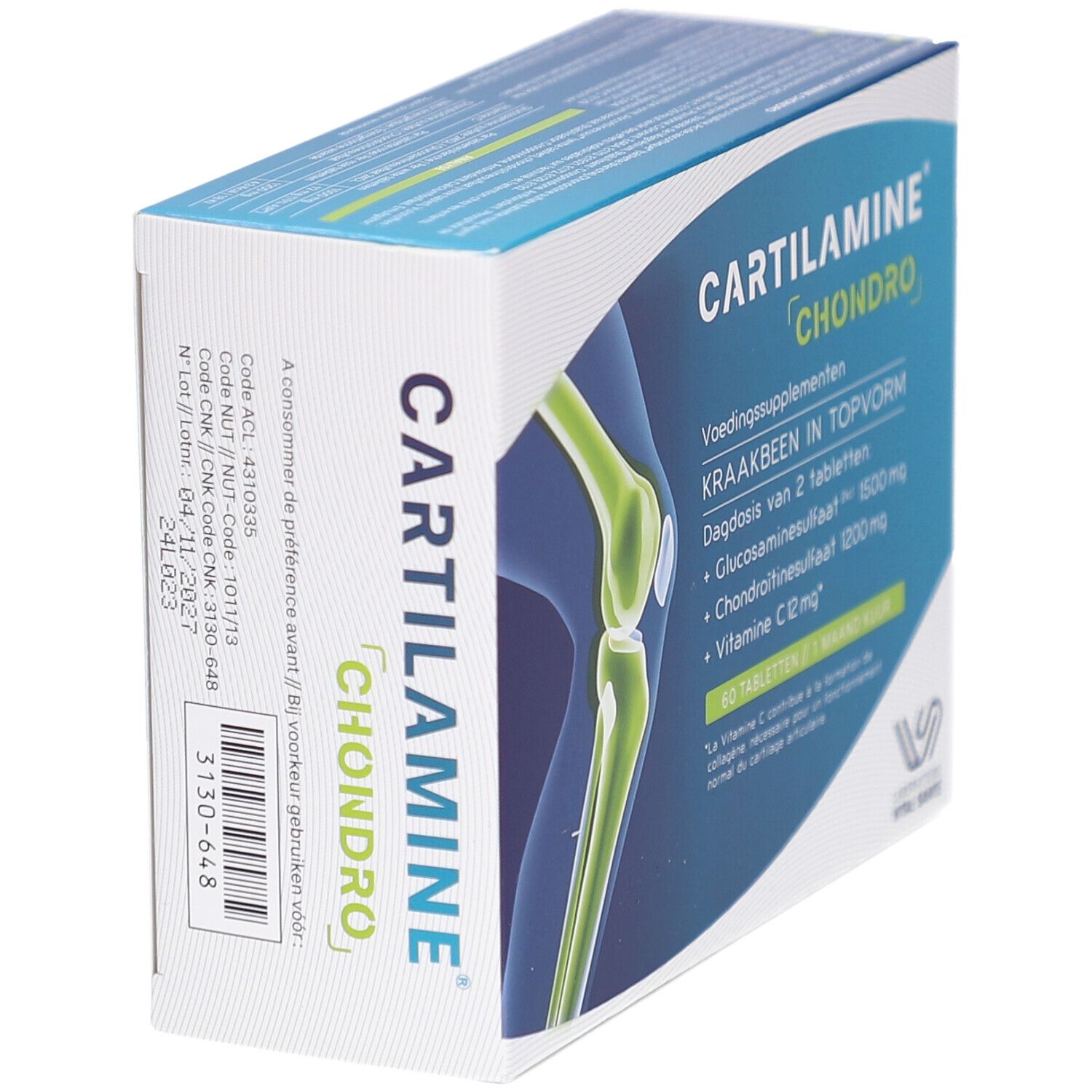 Boîte CARTILAMINE CHONDRO, complément alimentaire. Code-barres et informations produit. Laboratoire Vital Santé.