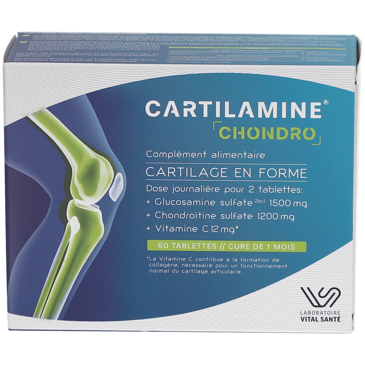 Boîte CARTILAMINE CHONDRO, complément alimentaire. 60 comprimés. Illustration d'un genou. Laboratoire Vital Santé.