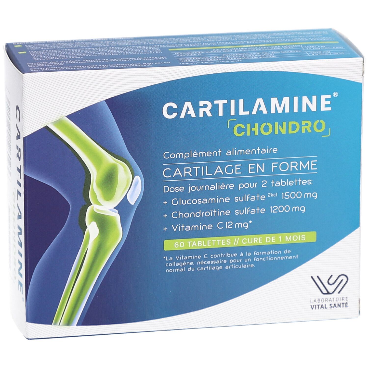 Boîte CARTILAMINE CHONDRO, complément alimentaire. 60 comprimés. Illustration d'un genou. Laboratoire Vital Santé.