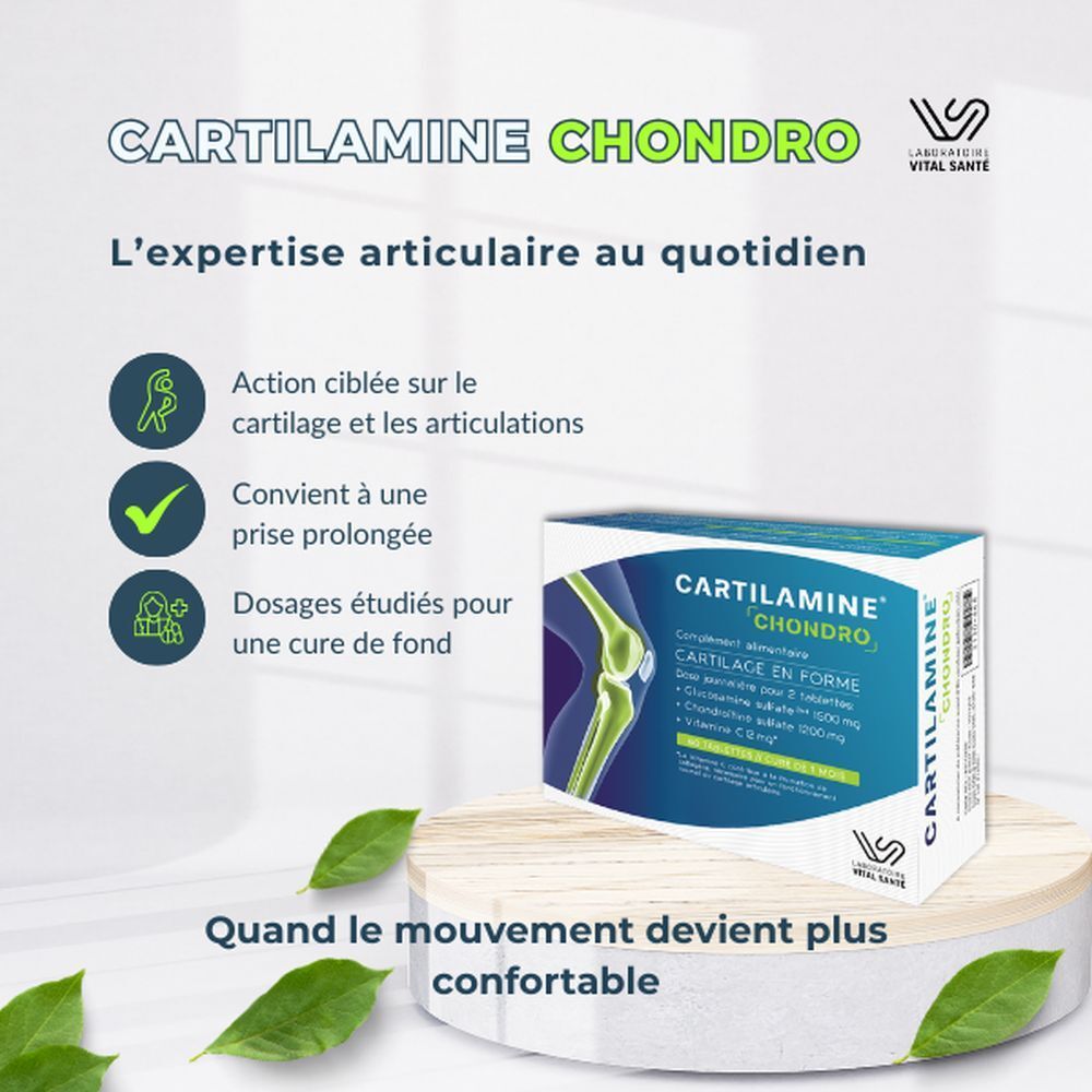 Boîte de Vital Santé Cartilamine Chondro avec illustration de genou et informations produit.