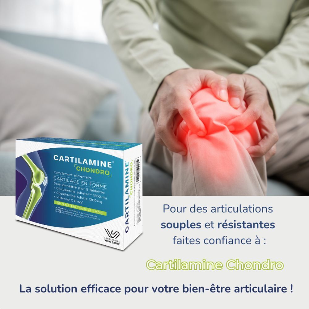Boîte de Vital Santé Cartilamine Chondro à côté d'un genou douloureux, avec texte sur la santé articulaire.