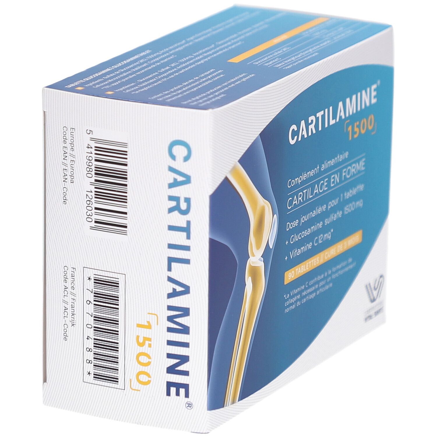 Vue latérale de la boîte CARTILAMINE 1500. Complément alimentaire. Contient glucosamine sulfate et vitamine C. Codes-barres.