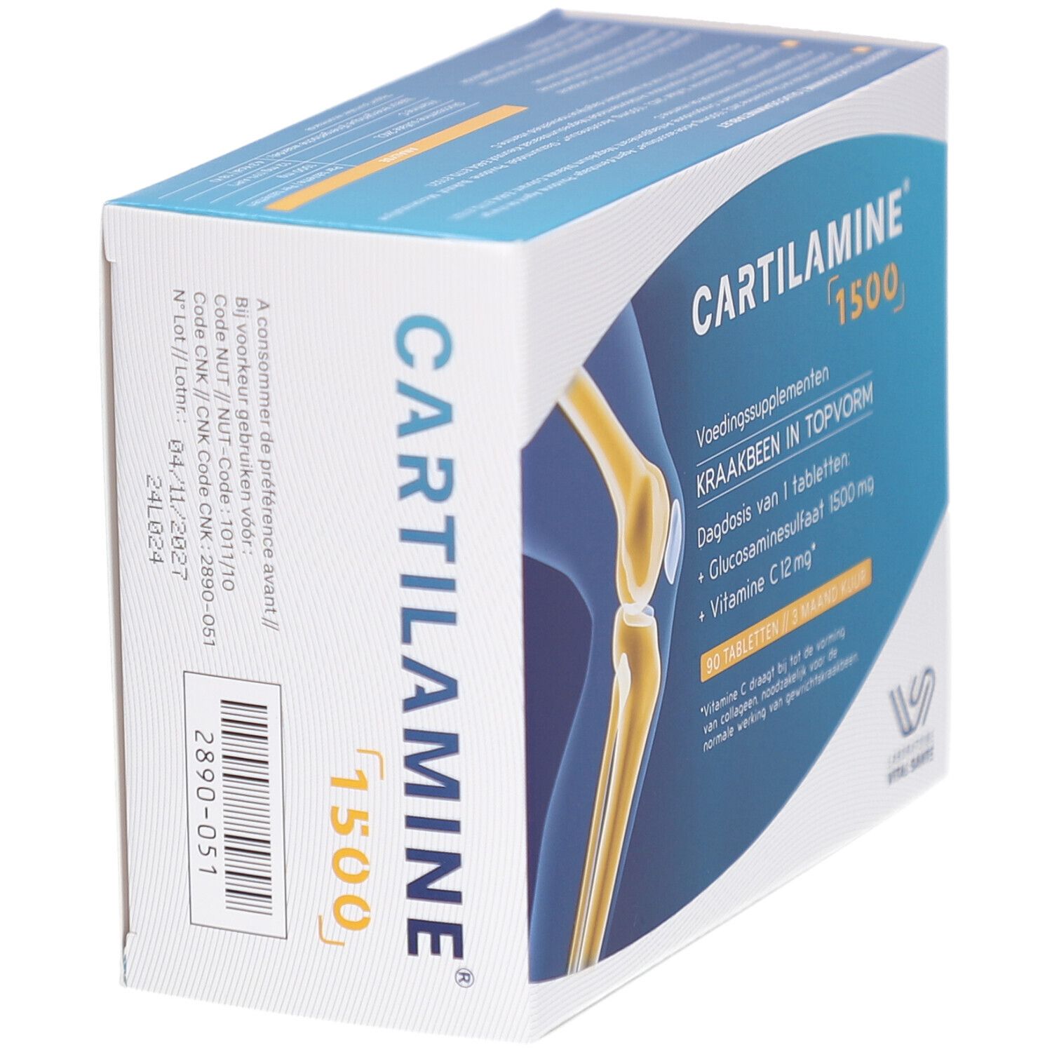 Vue latérale de la boîte CARTILAMINE 1500. Complément alimentaire. Contient glucosamine sulfate et vitamine C. Codes-barres.