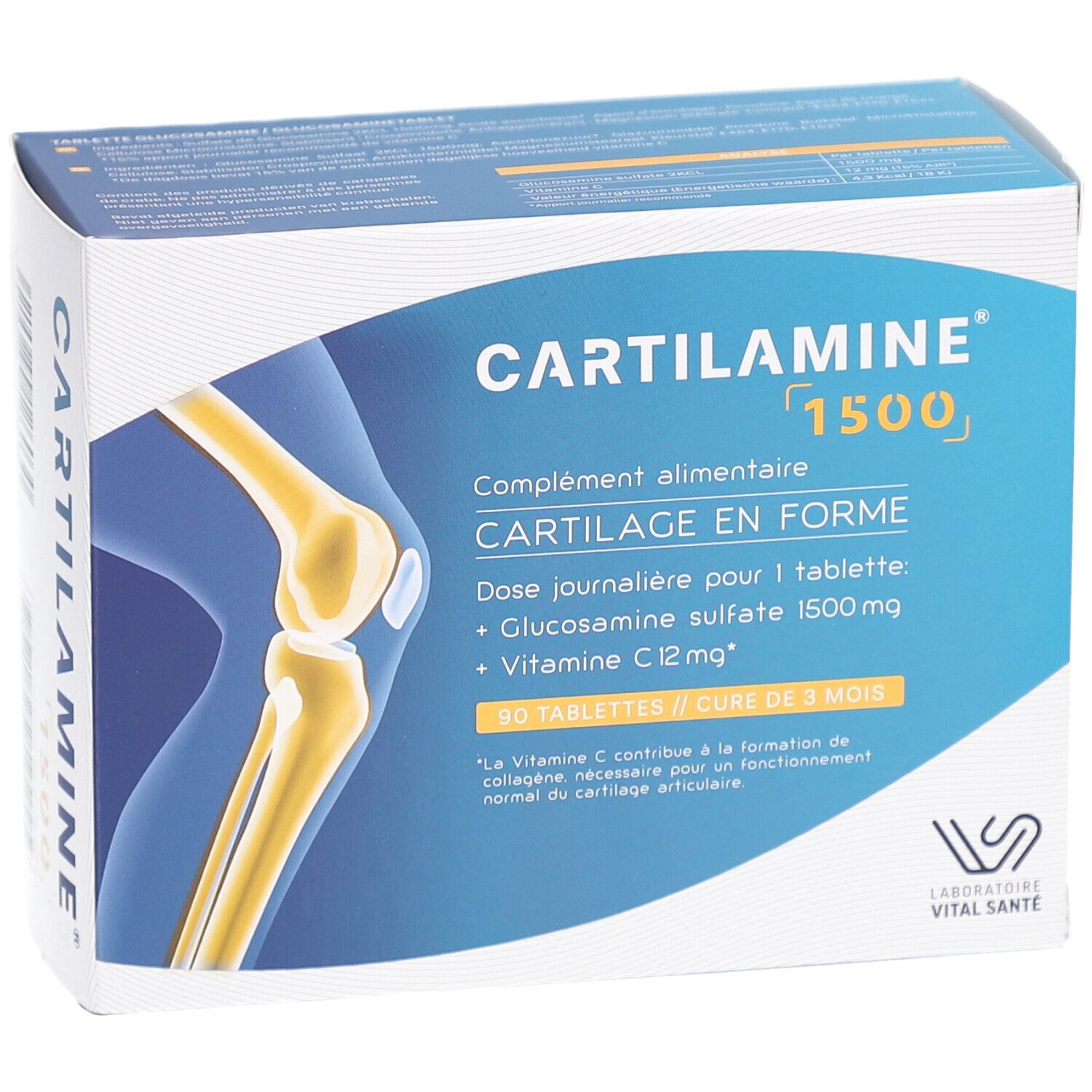 Boîte CARTILAMINE 1500. Complément alimentaire pour articulations. Contient glucosamine sulfate et vitamine C. 90 comprimés.