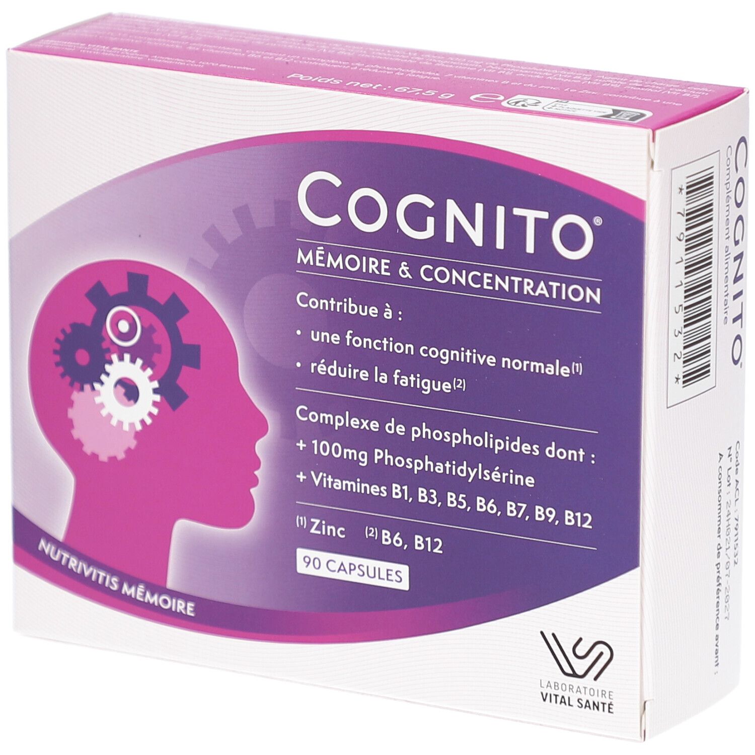Boîte de COGNITO MÉMOIRE. Contient 90 capsules. Inscription: Mémoire & Concentration. Contient phosphatidylsérine et vitamines.