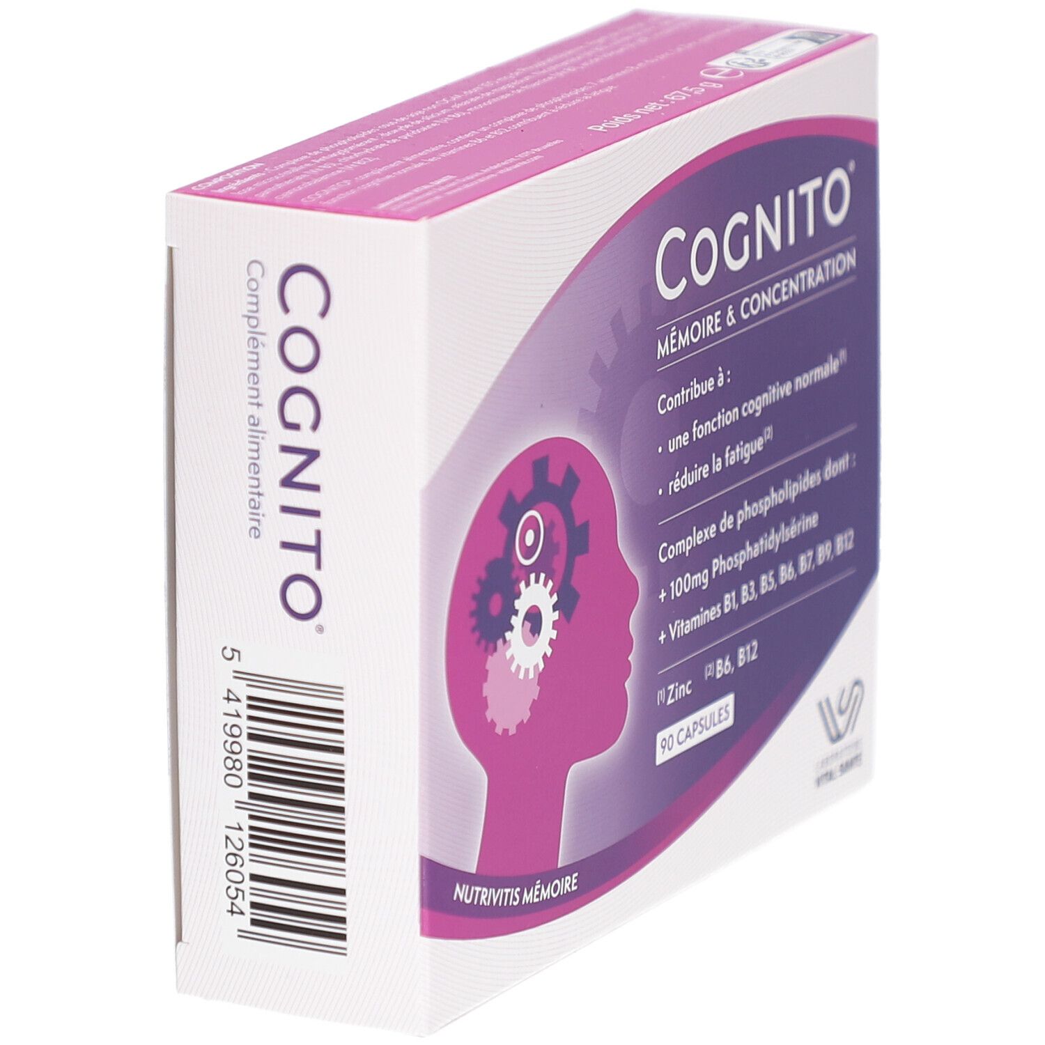 Boîte COGNITO MÉMOIRE, vue latérale. Inscription: Mémoire & Concentration. Contient 90 capsules. Contient phosphatidylsérine et vitamines.