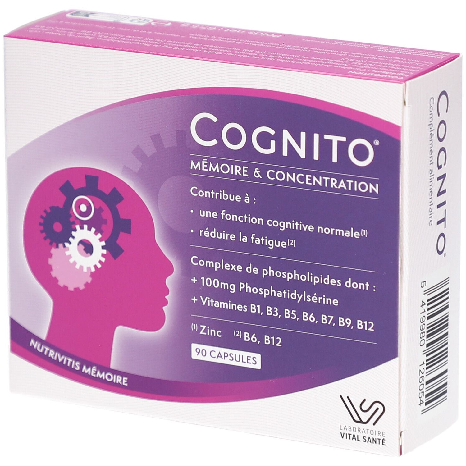 Boîte de COGNITO MÉMOIRE. Inscription: Mémoire & Concentration. Contient 90 capsules. Contient phosphatidylsérine et vitamines.