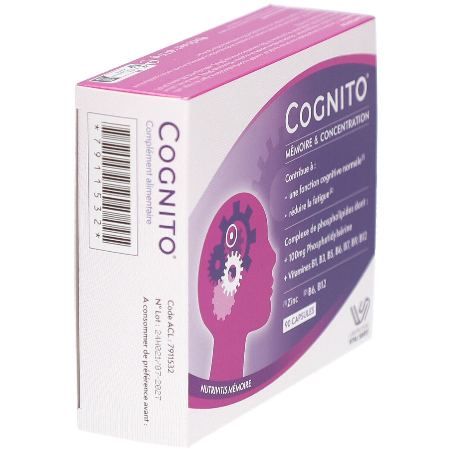 Boîte COGNITO MÉMOIRE, vue en biais. Inscription: Mémoire & Concentration. Contient 90 capsules. Contient phosphatidylsérine et vitamines.