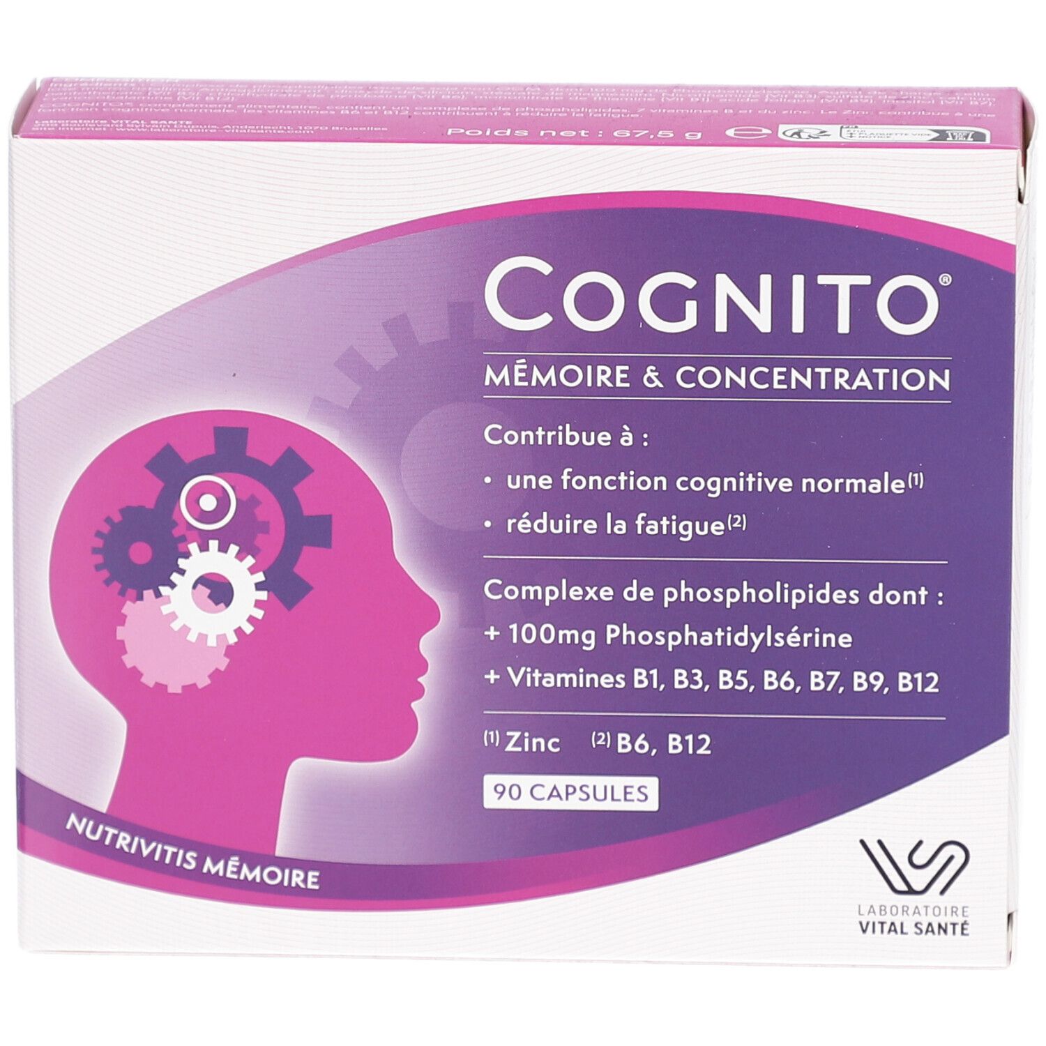 Boîte de COGNITO MÉMOIRE. Inscription: Mémoire & Concentration. Contient 90 capsules. Contient phosphatidylsérine et vitamines.