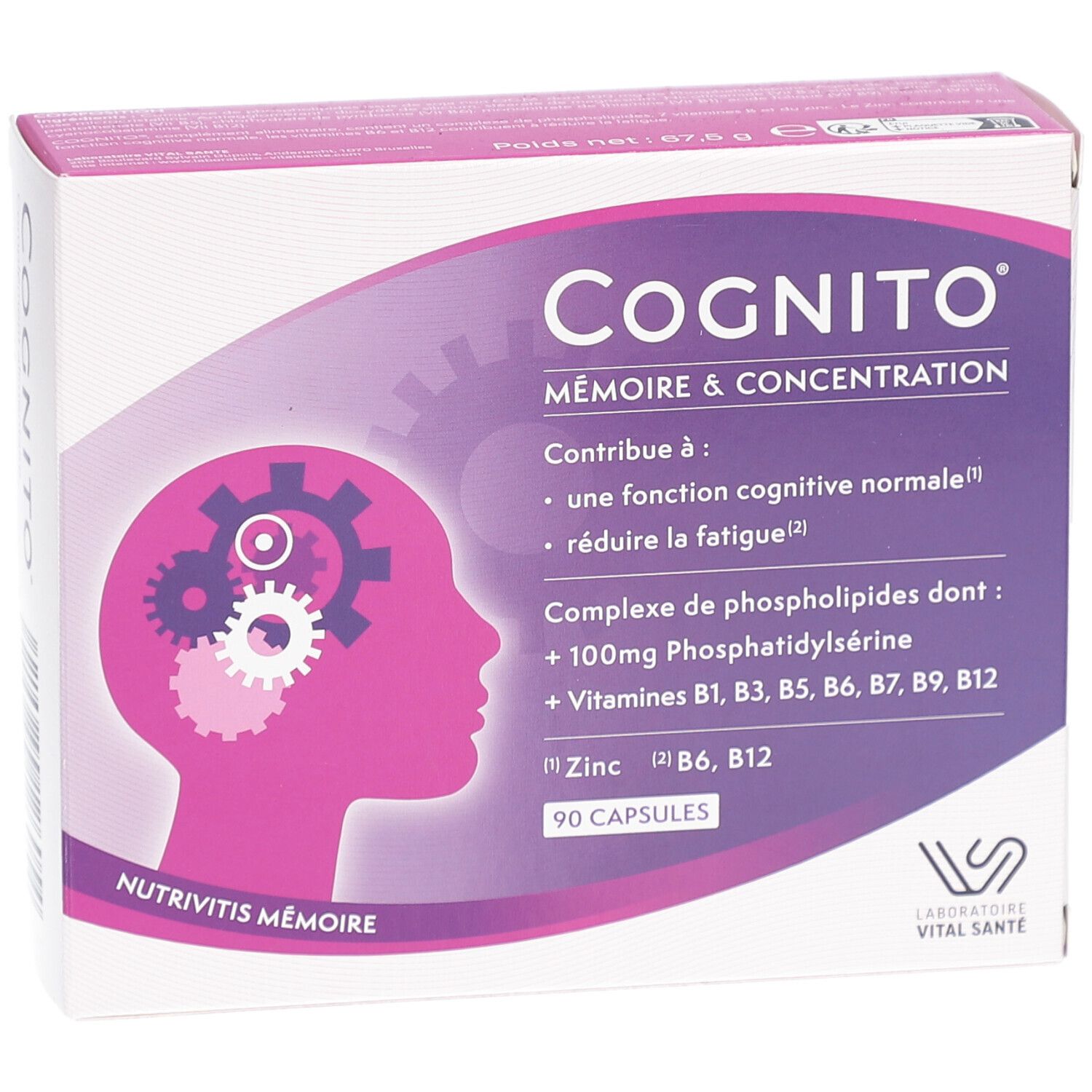 Boîte de COGNITO MÉMOIRE. Inscription: Mémoire & Concentration. Contient 90 capsules. Contient phosphatidylsérine et vitamines.