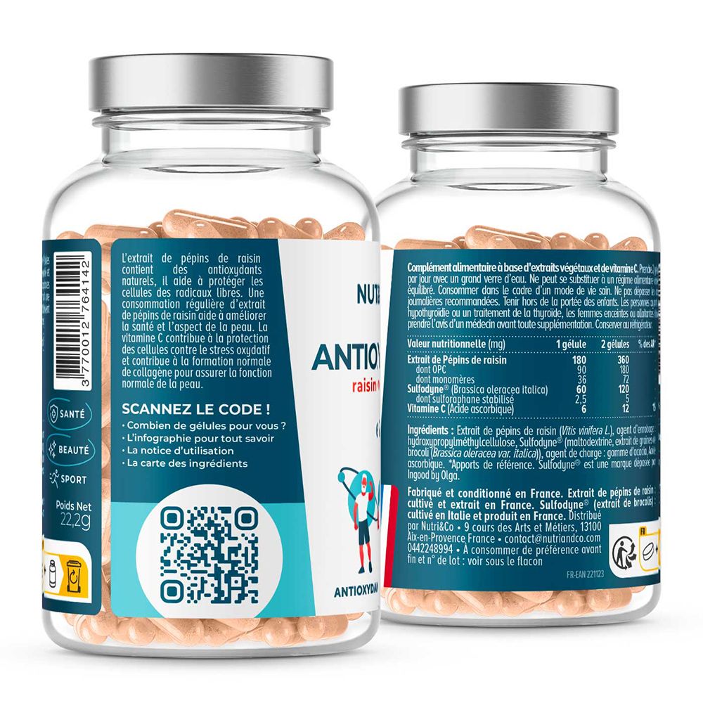 Arrière des gélules NUTRI&CO Antioxydant avec informations nutritionnelles et ingrédients.