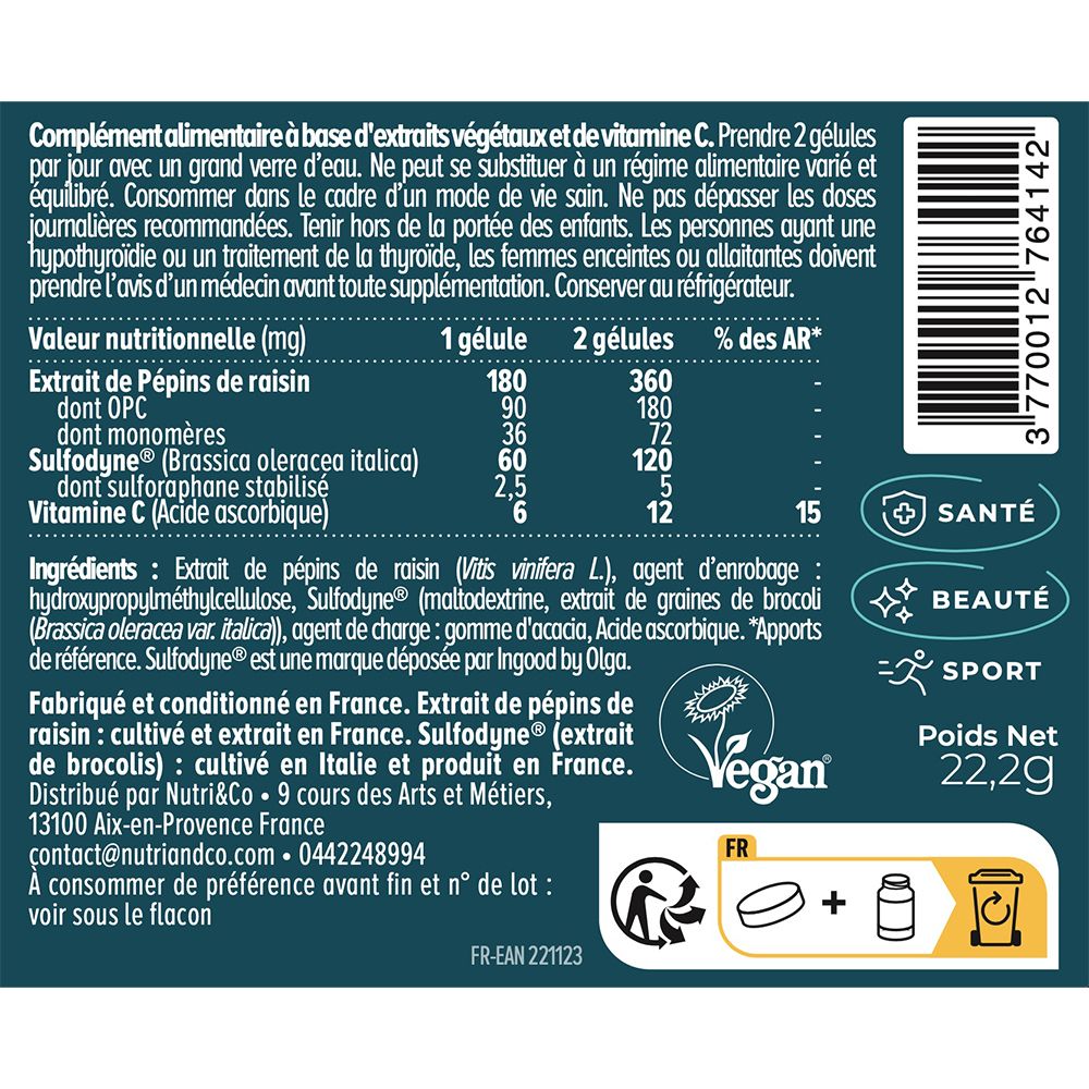 Vue détaillée des ingrédients et du tableau nutritionnel de NUTRI&CO Antioxydant.