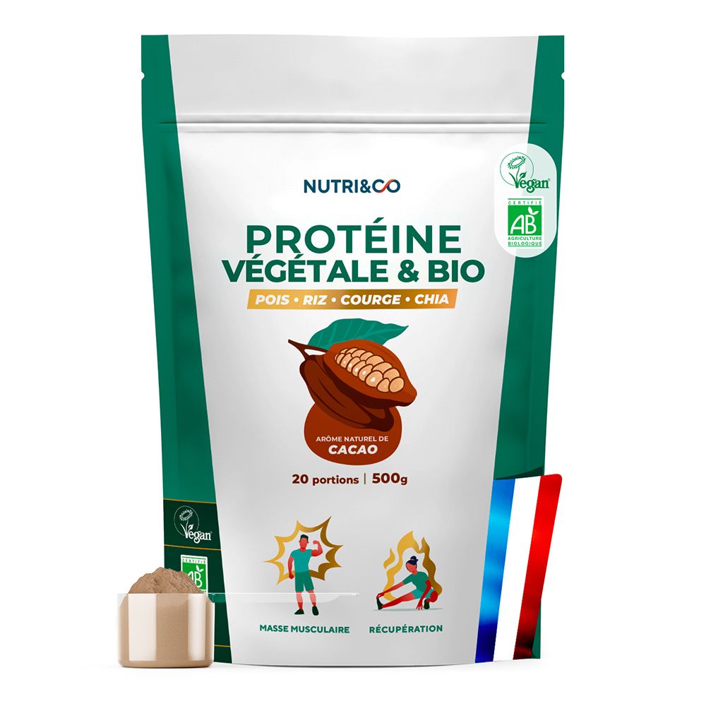 Pochette de poudre protéinée NUTRI&CO Cacao, 500g. Protéines de pois, riz, courge et chia.