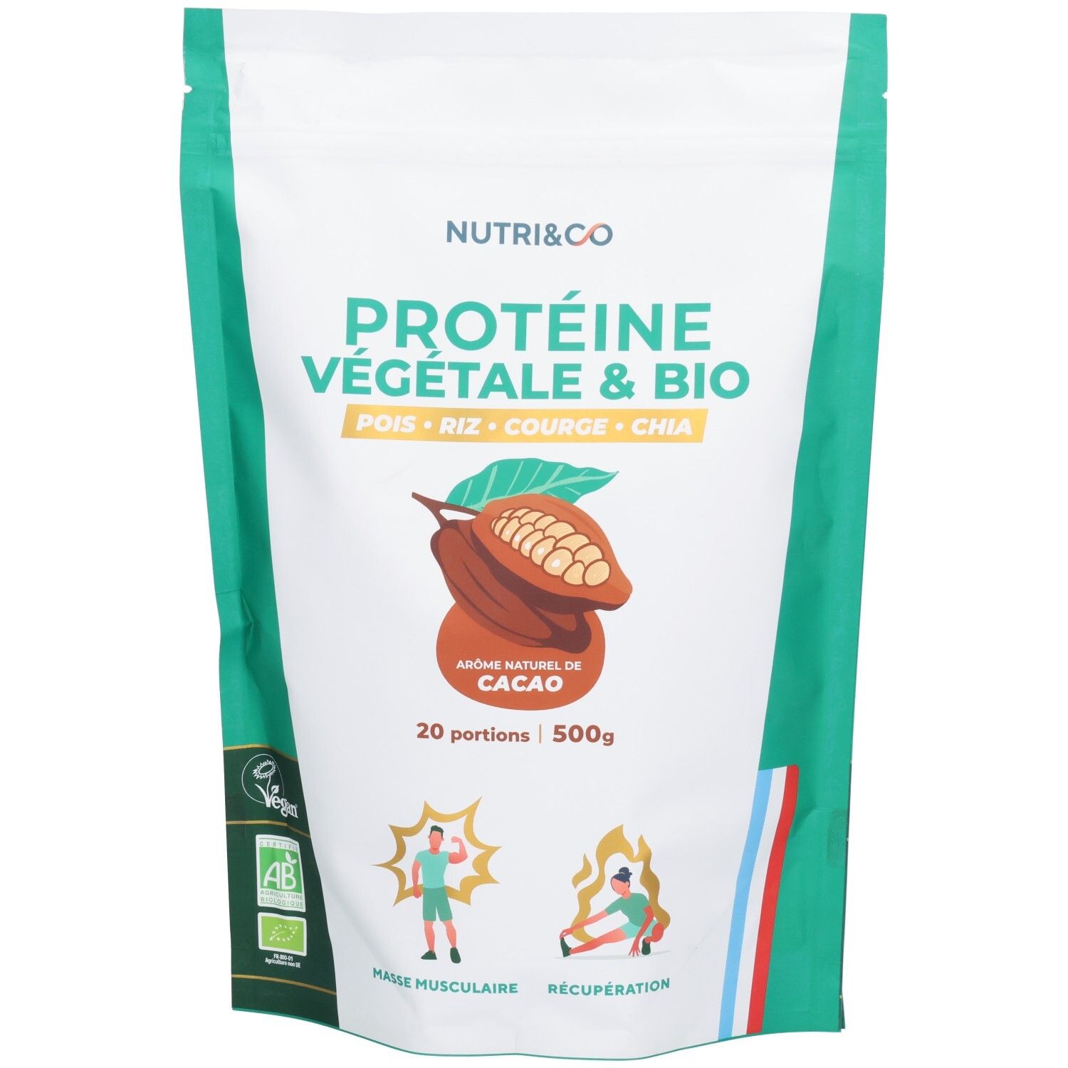Sachet de protéine végétale et bio. Ingrédients : pois, riz, courge, chia. Arôme naturel de cacao. Contient 20 portions de 500g.