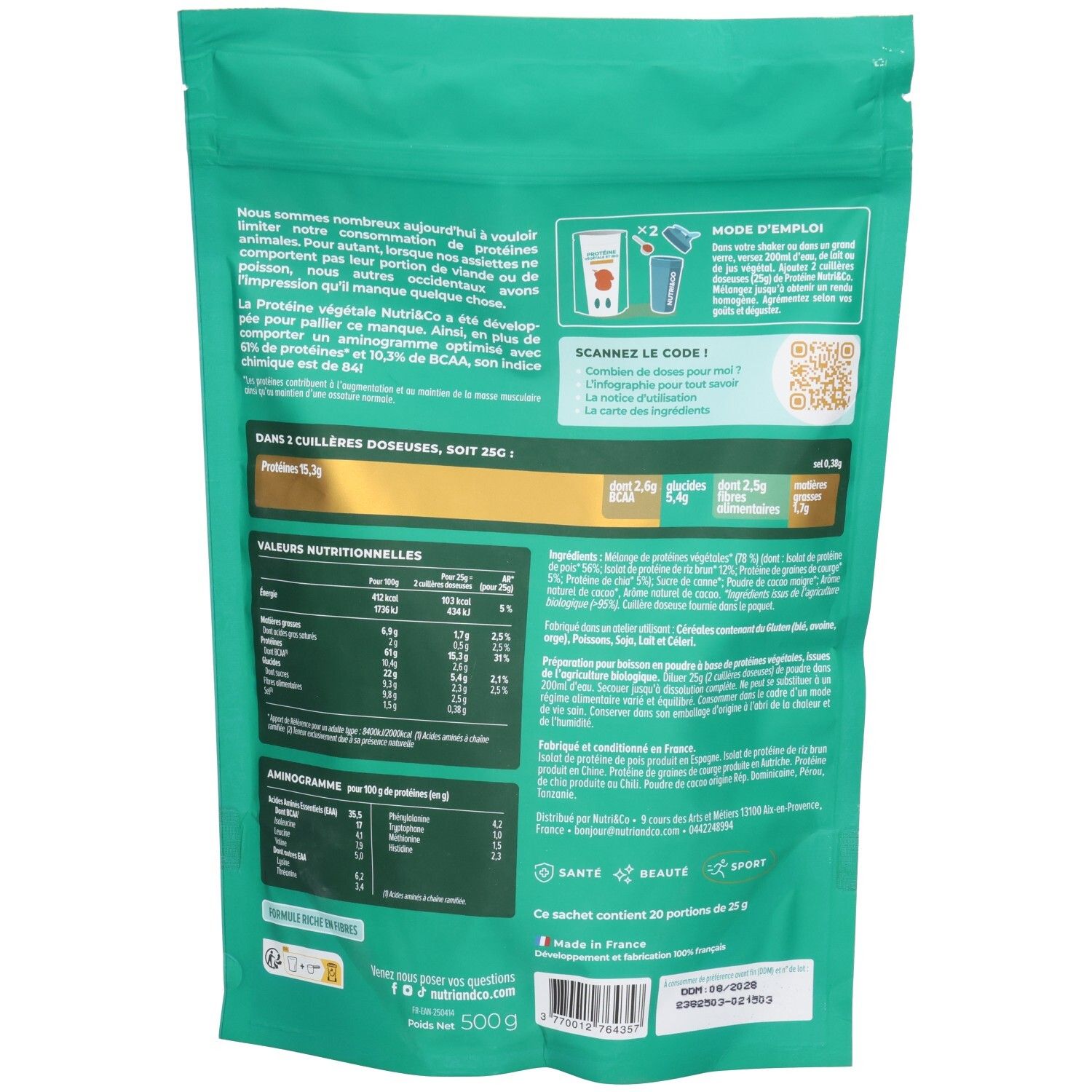 Dos du sachet de protéine. Informations nutritionnelles, liste des ingrédients, mode d'emploi et QR code. Fabriqué en France. Contient 20 portions.