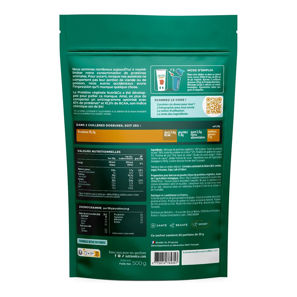Arrière d'une pochette de poudre protéinée NUTRI&CO avec informations nutritionnelles et instructions.