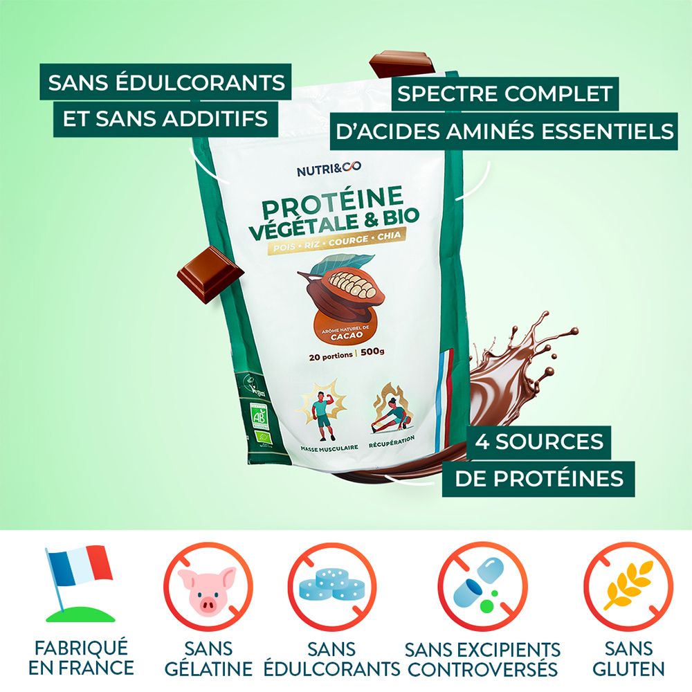 Poudre protéinée NUTRI&CO Cacao. Sans additifs, avec acides aminés, 4 sources de protéines.