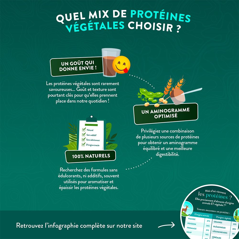 Infographie sur les protéines végétales : goût, profil d'acides aminés, ingrédients naturels.