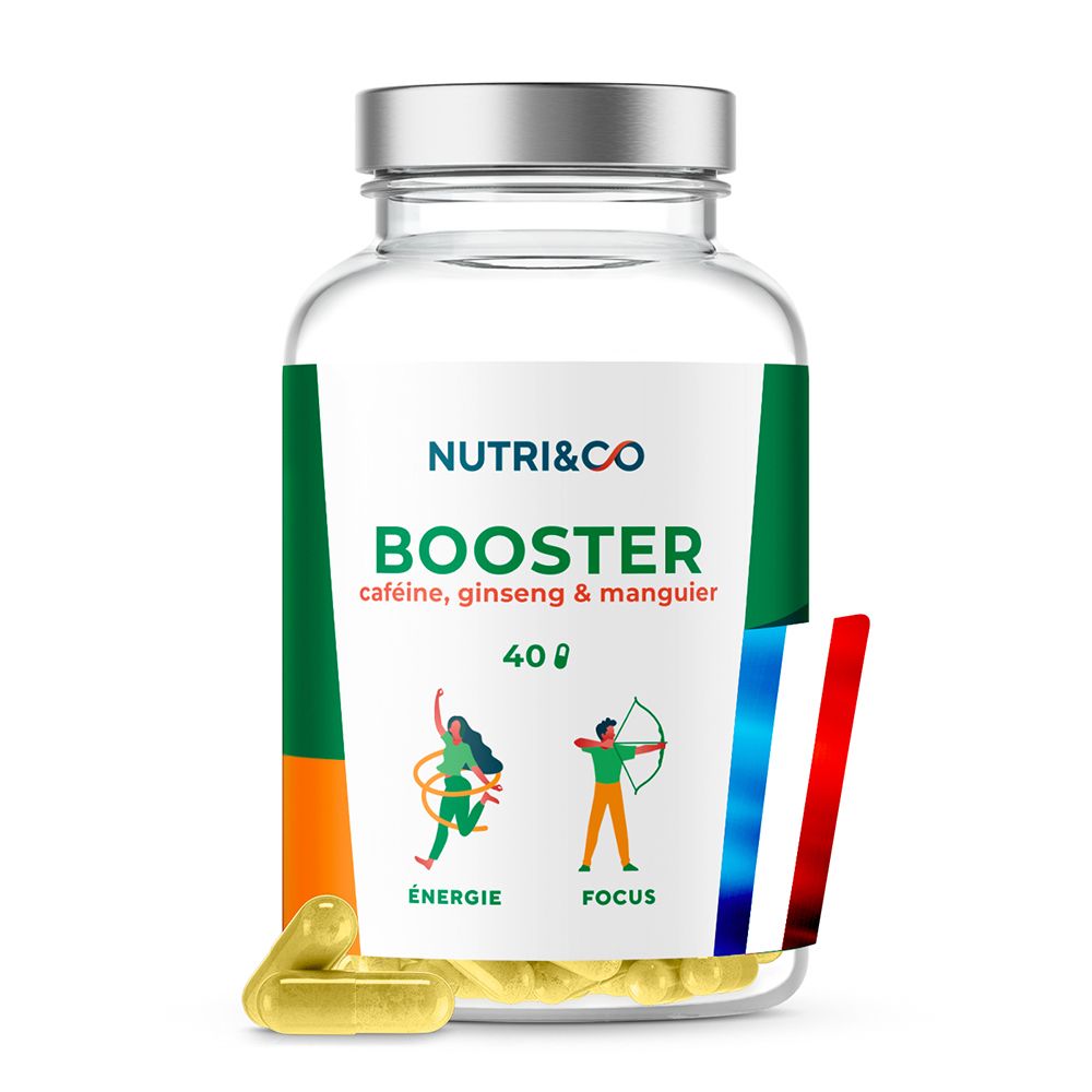 Gélules NUTRI&CO Booster à la caféine, ginseng et mangui. Flacon en verre avec bouchon argenté.