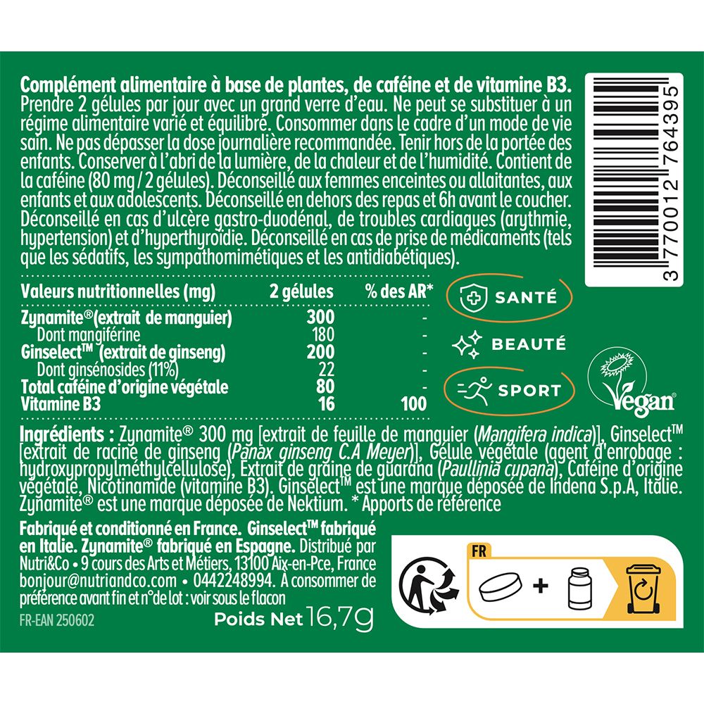 Arrière de la bouteille NUTRI&CO Booster avec tableau nutritionnel et ingrédients.