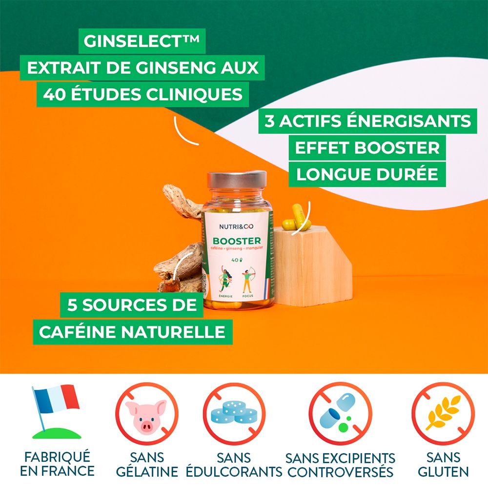 Bouteille NUTRI&CO Booster avec racine de ginseng et gélules. Sceau "Fabriqué en France".