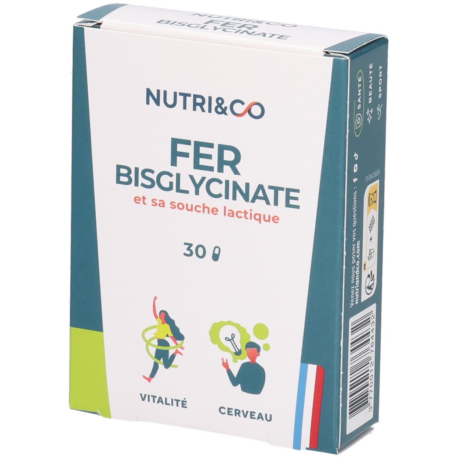 Boîte NUTRI&CO FER BISGLYCINATE. 30 gélules. Inscriptions : Vitalité, Cerveau. Emballage vert, blanc, bleu.