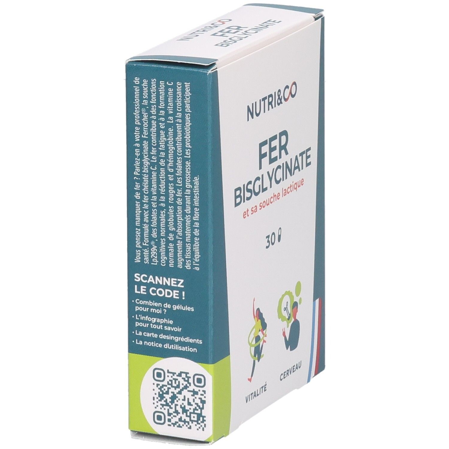 Boîte NUTRI&CO FER BISGLYCINATE. Texte et QR code sur le côté. 30 gélules. Emballage vert, blanc, bleu.