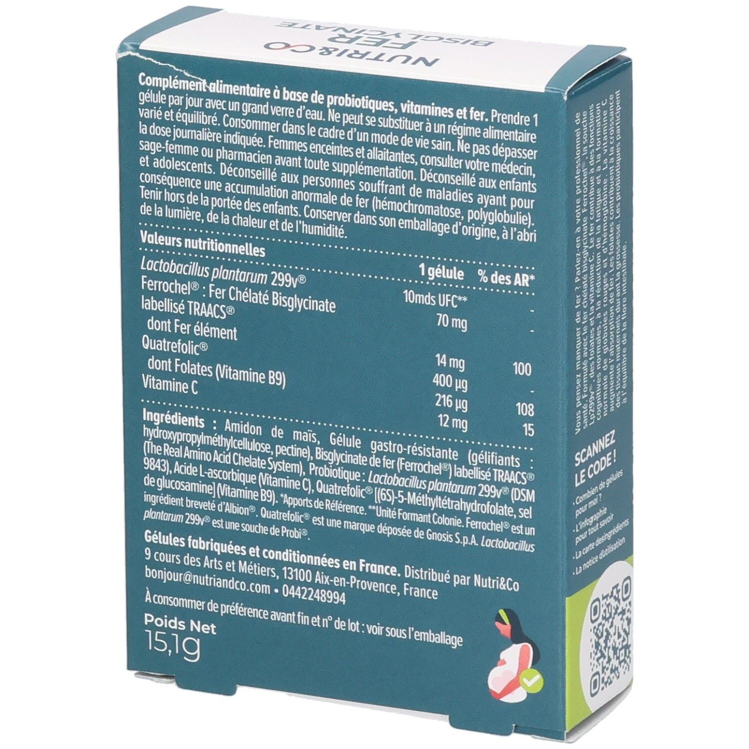 Dos de la boîte NUTRI&CO FER BISGLYCINATE. Informations nutritionnelles, ingrédients. Emballage vert, blanc, bleu.