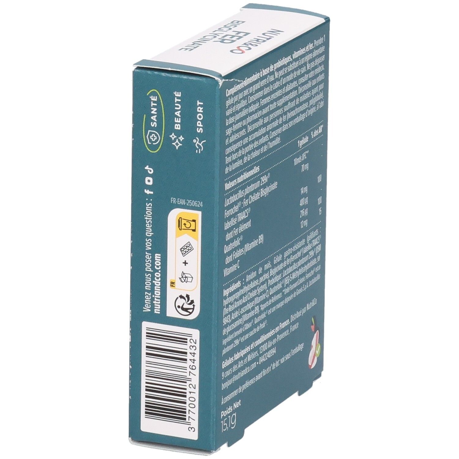 Côté de la boîte NUTRI&CO FER BISGLYCINATE. Texte, code-barres. Emballage vert, blanc, bleu.