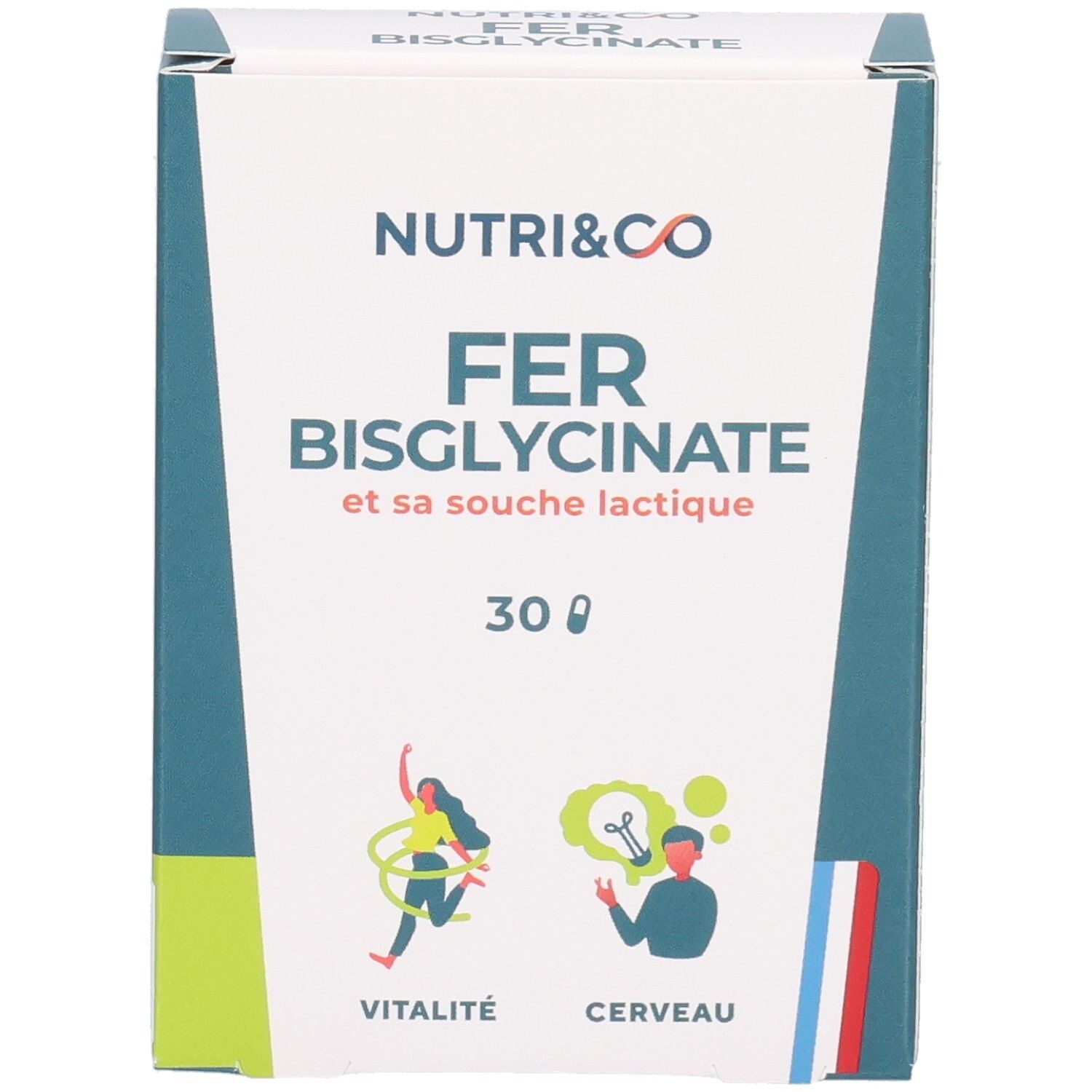 Boîte NUTRI&CO FER BISGLYCINATE. 30 gélules. Inscriptions : Vitalité, Cerveau. Emballage vert, blanc, bleu.