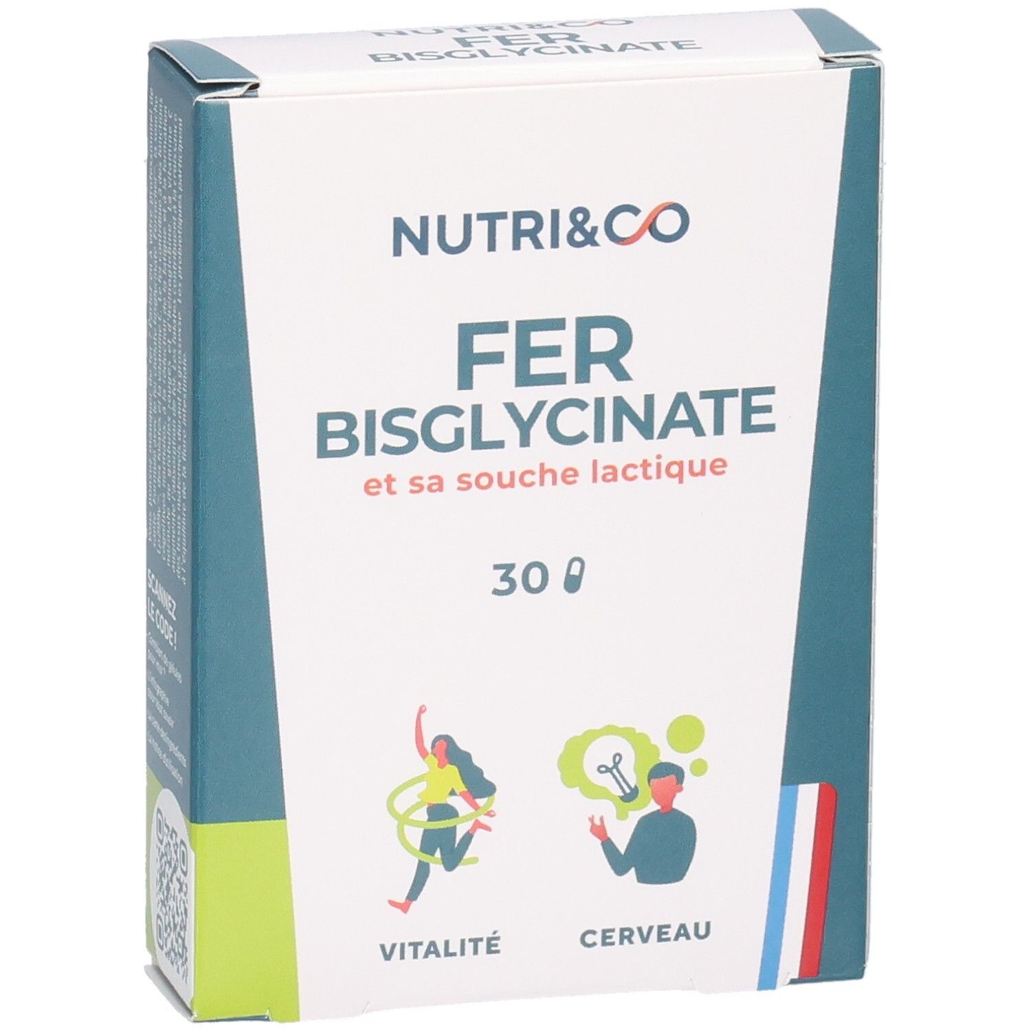 Boîte NUTRI&CO FER BISGLYCINATE. 30 gélules. Inscriptions : Vitalité, Cerveau. Emballage vert, blanc, bleu.