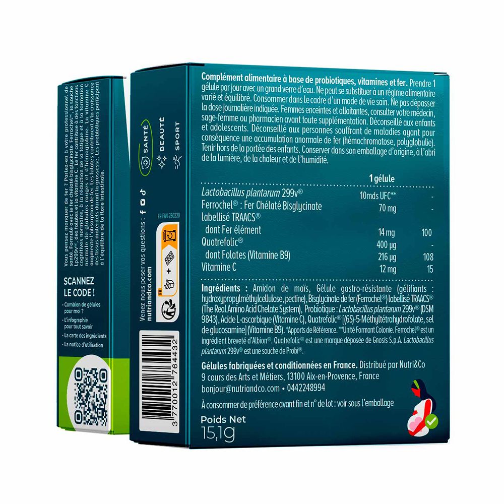 Arrière de la boîte NUTRI&CO Fer Bisglycinate avec informations nutritionnelles et ingrédients.