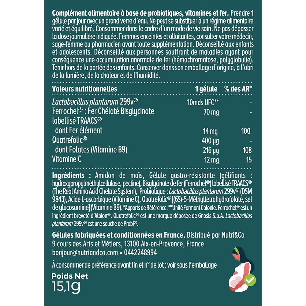 Vue détaillée de l'arrière de la boîte NUTRI&CO Fer Bisglycinate avec tableau nutritionnel.
