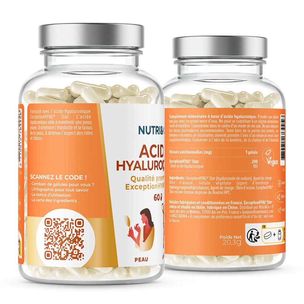 Deux flacons de gélules. Étiquette NUTRI&CO, L'ACIDE HYALURONIQUE, 60 gélules. Drapeau français.