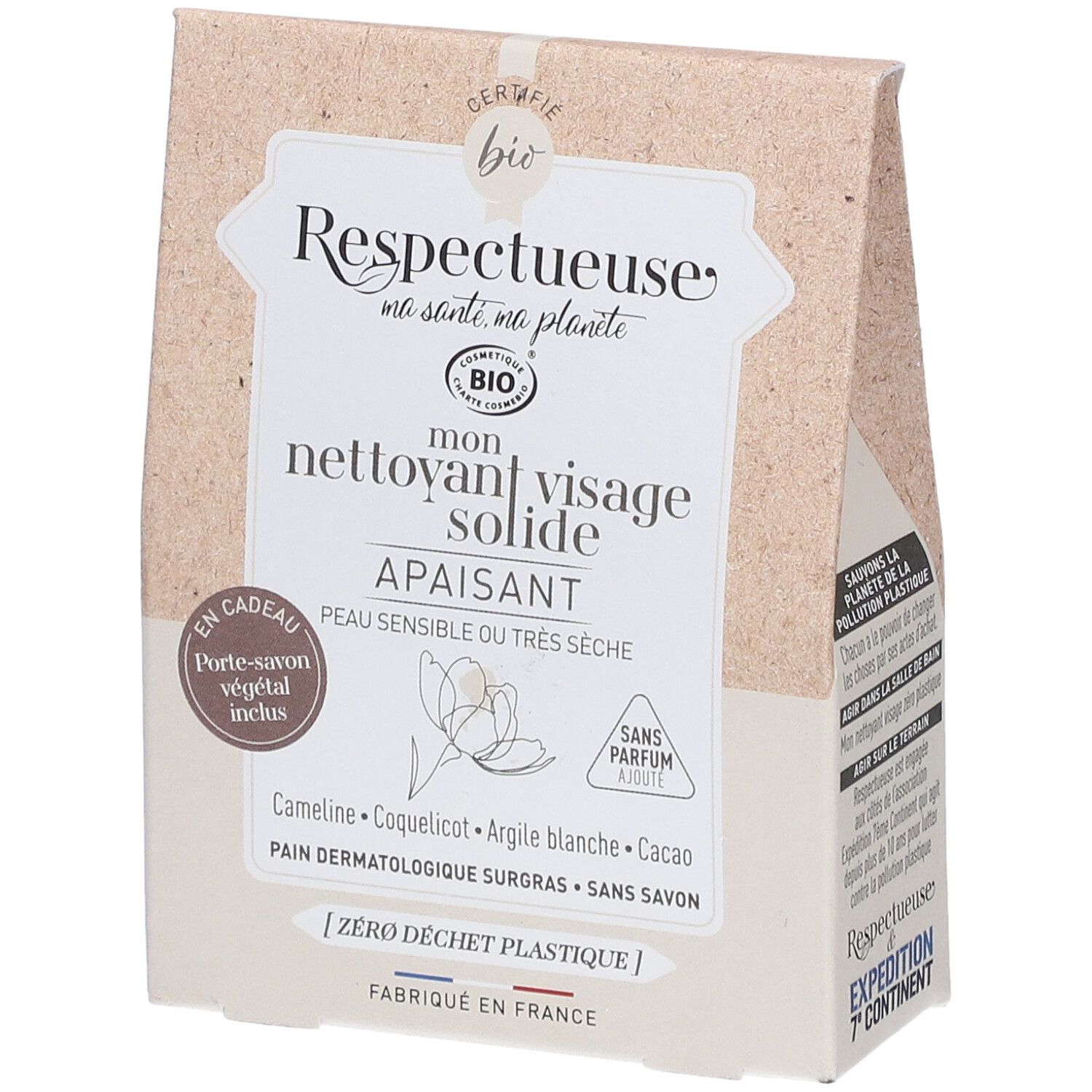 Emballage de nettoyant visage solide. Certifié bio. Contient un porte-savon végétal. Texte: 'Peau sensible ou très sèche'.