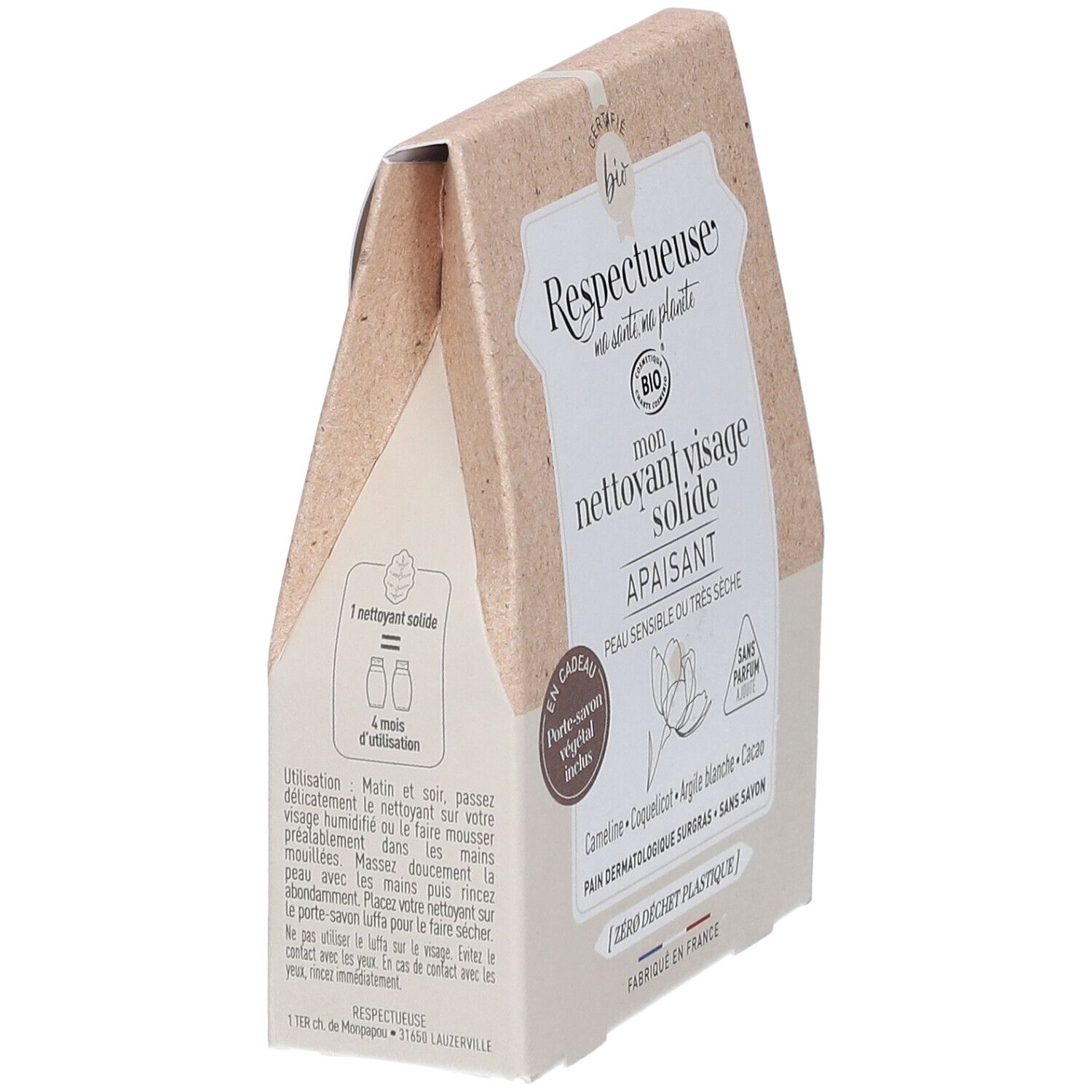 Emballage de nettoyant visage solide, vue latérale. Texte: 'Peau sensible ou très sèche'. Contient 1 nettoyant solide pour 4 mois.