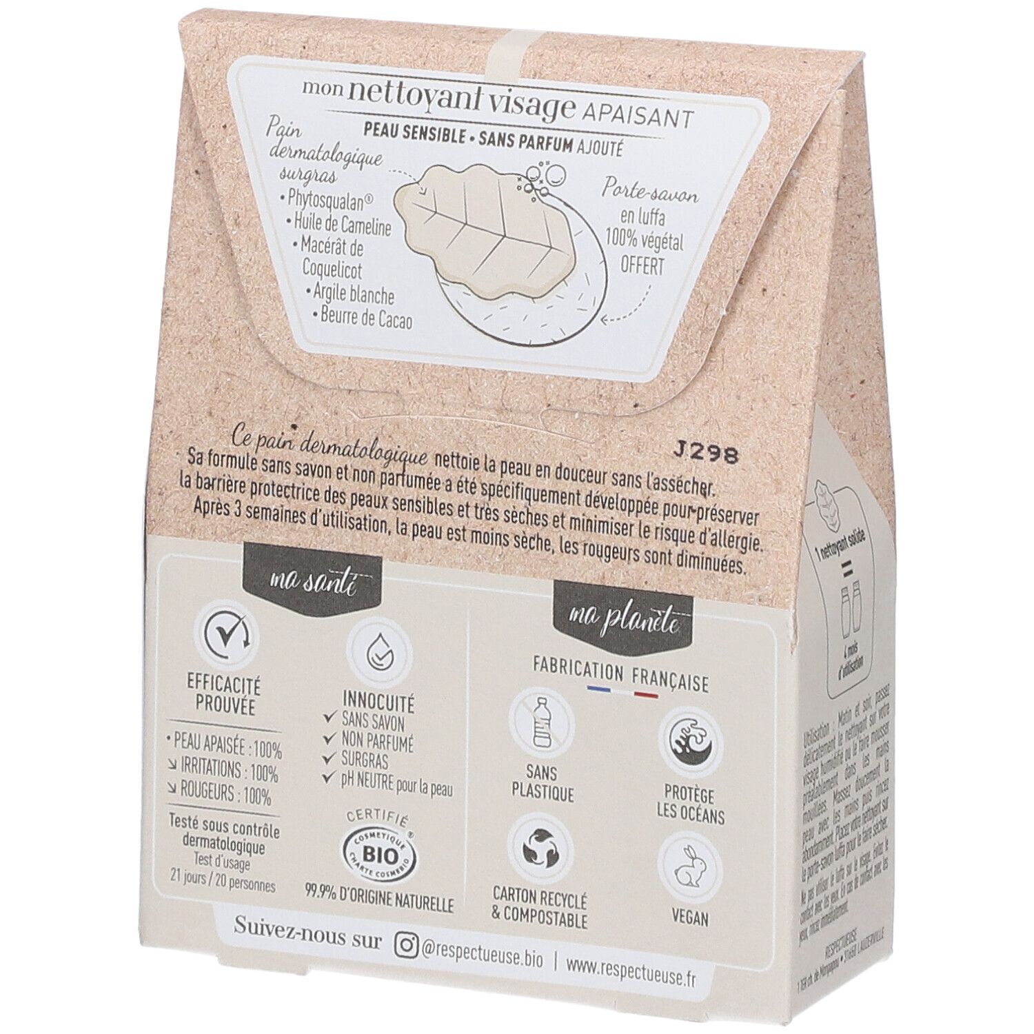 Dos de l'emballage du nettoyant visage solide. Texte: 'Peau sensible - sans parfum ajouté'. Contient un porte-savon.