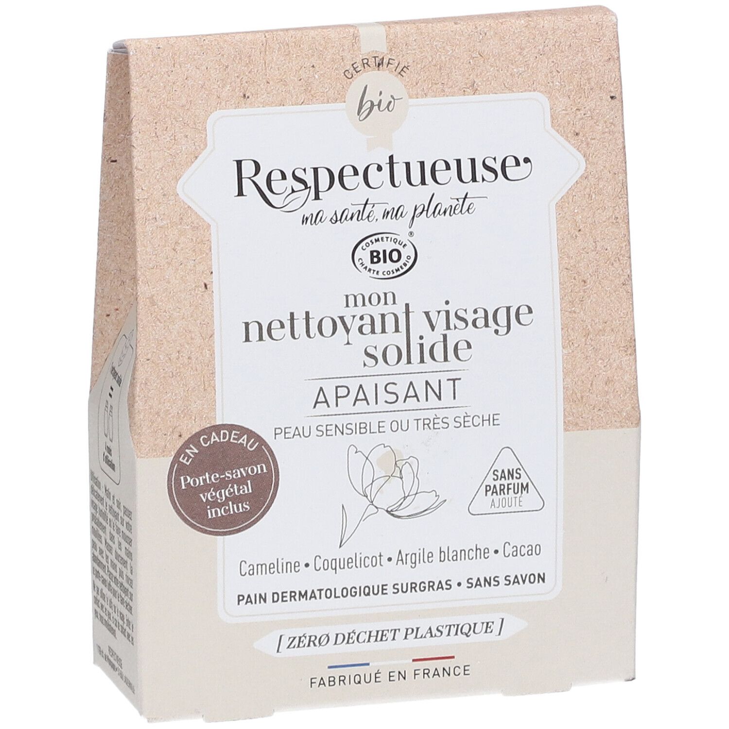Emballage de nettoyant visage solide. Certifié bio. Contient un porte-savon végétal. Texte: 'Peau sensible ou très sèche'.