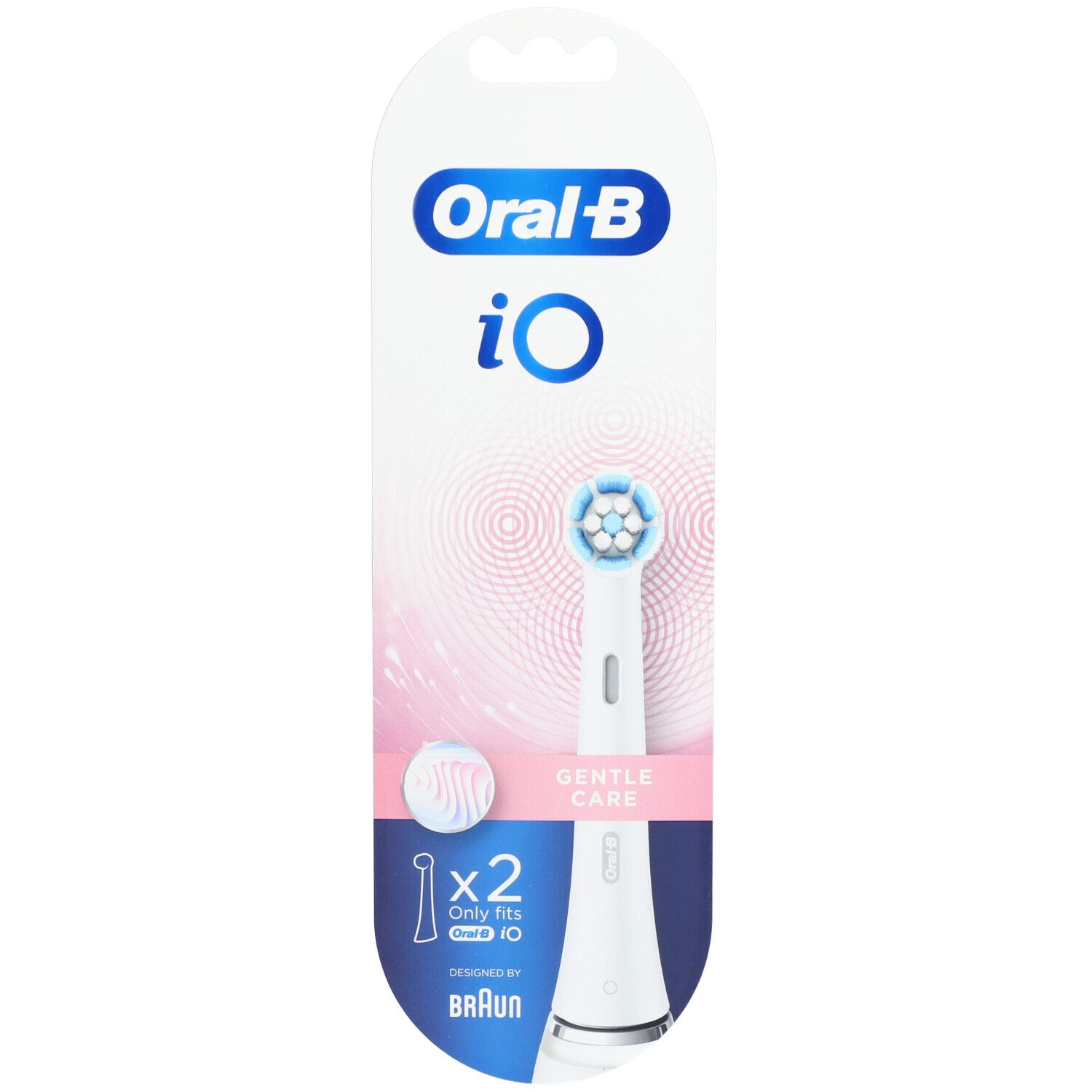 Recharges de brosse à dents Oral-B iO Gentle Care, emballage blister. Deux pièces. Compatible Oral-B iO. Conçu par Braun.