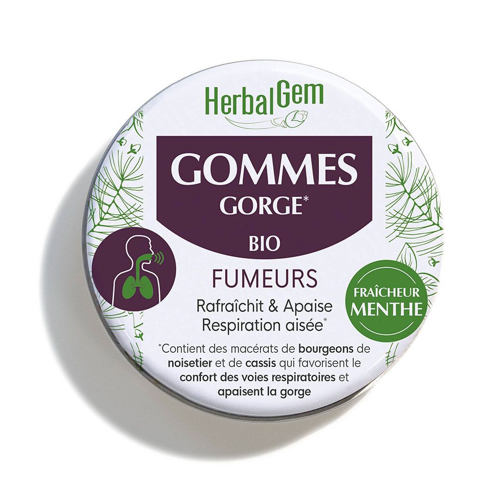 Boîte ronde HerbalGem Gommes Gorge Fumeurs Bio. Texte : 'Fraîcheur Menthe'. Logo avec poumons et bouche.