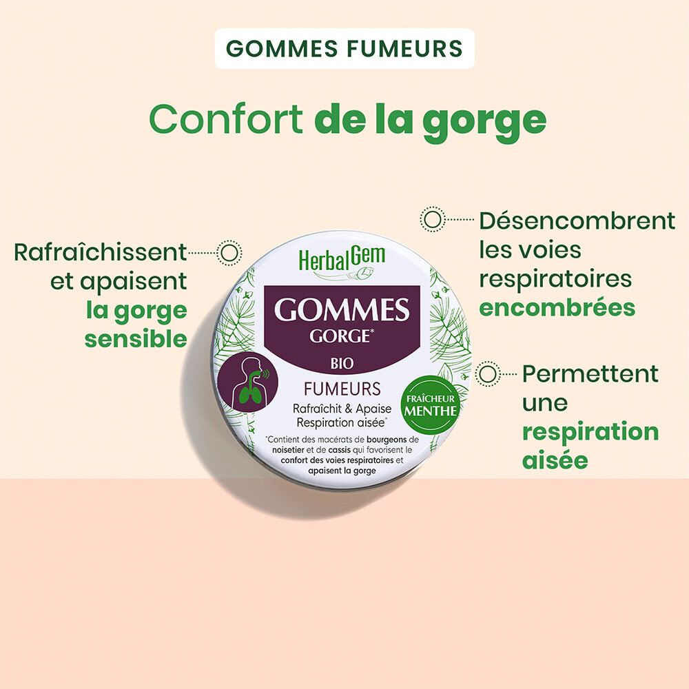 Emballage produit avec texte : 'Gommes Fumeurs'. Diagramme montrant les bénéfices. HerbalGem Gommes Gorge Bio.