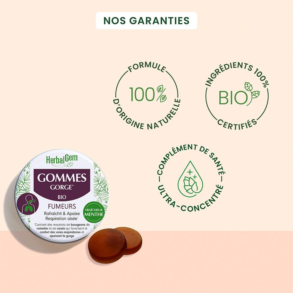 Trois logos : 100% origine naturelle, 100% ingrédients bio, complément santé ultra-concentré. HerbalGem Gommes.