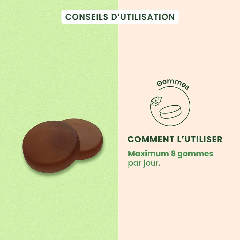 Deux pastilles brunes. Texte : 'Maximum 8 gommes par jour'. Logo : Gommes.