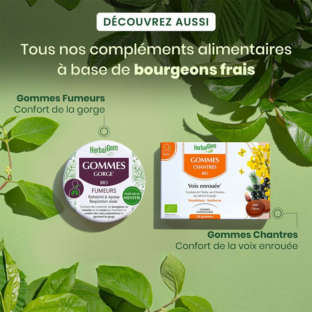 Deux emballages produits. HerbalGem Gommes Gorge Fumeurs Bio et Gommes Chantres. Feuilles en arrière-plan.